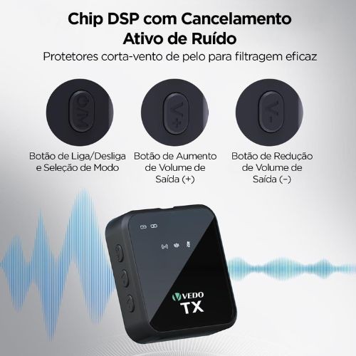 Microfone de Lapela Sem Fio Vedo Vd-gt19 3 em 1 | Iphone, Android e Câmera 