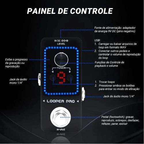 Pedal Looper M-vave Looper Pro Para Guitarra Com Afinador Integrado e Overdubs Ilimitados 