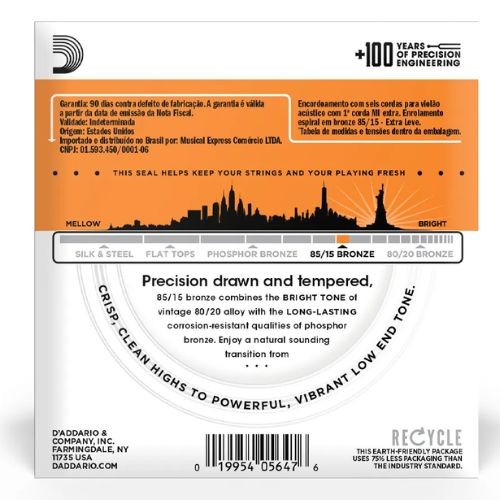 Encordoamento Para Violão Aço 10-50 Com Corda Extra Pl010 D'addario 85/15 Bronze Ez900-b. 
