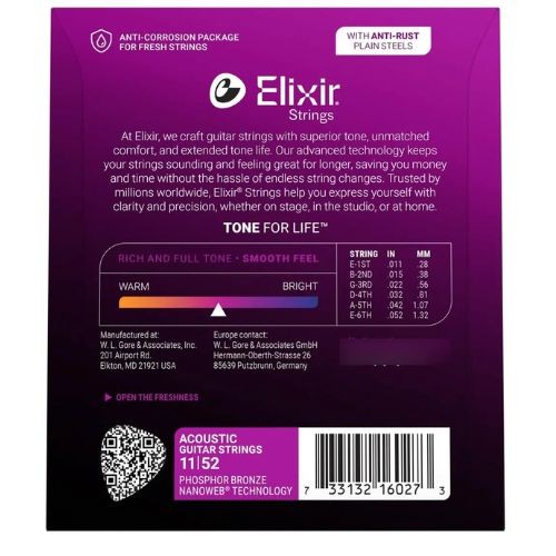 Encordoamento Elixir 011-052 Violão Aço Phosphor Bronze Nanoweb 16027 