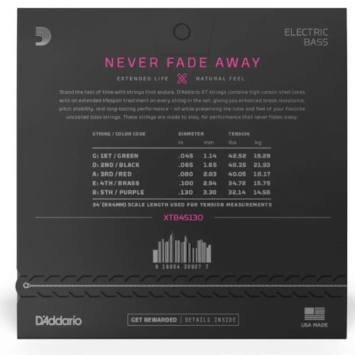 Encordoamento Para Baixo 5 Cordas Revestido 45-130 Escala Longa D'addario xt Nickel Xtb45130 