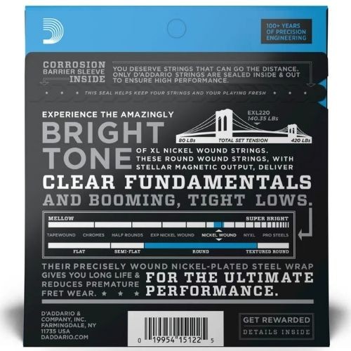 Encordoamento Para Baixo 4 Cordas 40-95 Escala Longa D'addario xl Nickel Exl22 