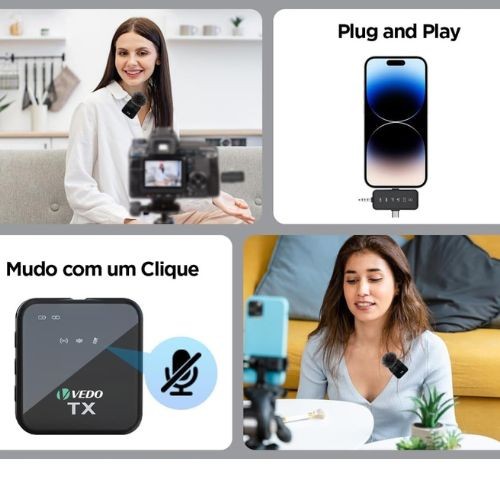 Microfone de Lapela Sem Fio Vedo Vd-gt19 3 em 1 | Iphone, Android e Câmera 