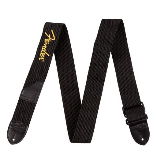 Correia Fender Logo Strap Black Yellow 2” Com Bolso Para Palhetas Guitarra Baixo Violão 