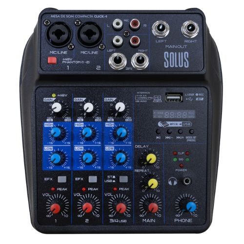 Mesa de Som Solus Click-4 4 Canais Analógica Usb Bluetooth Efx Phantom Power 